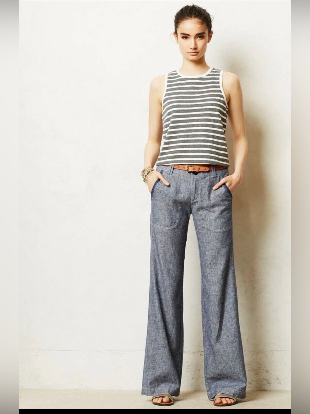 Anthropologie Pilcro Letterpress Linen Blend Wide Leg Pants Gray Blue Size 6